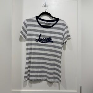 LACOSTE Striped Short Sleeve T Shirt- Blue/White/Grey (Size L)